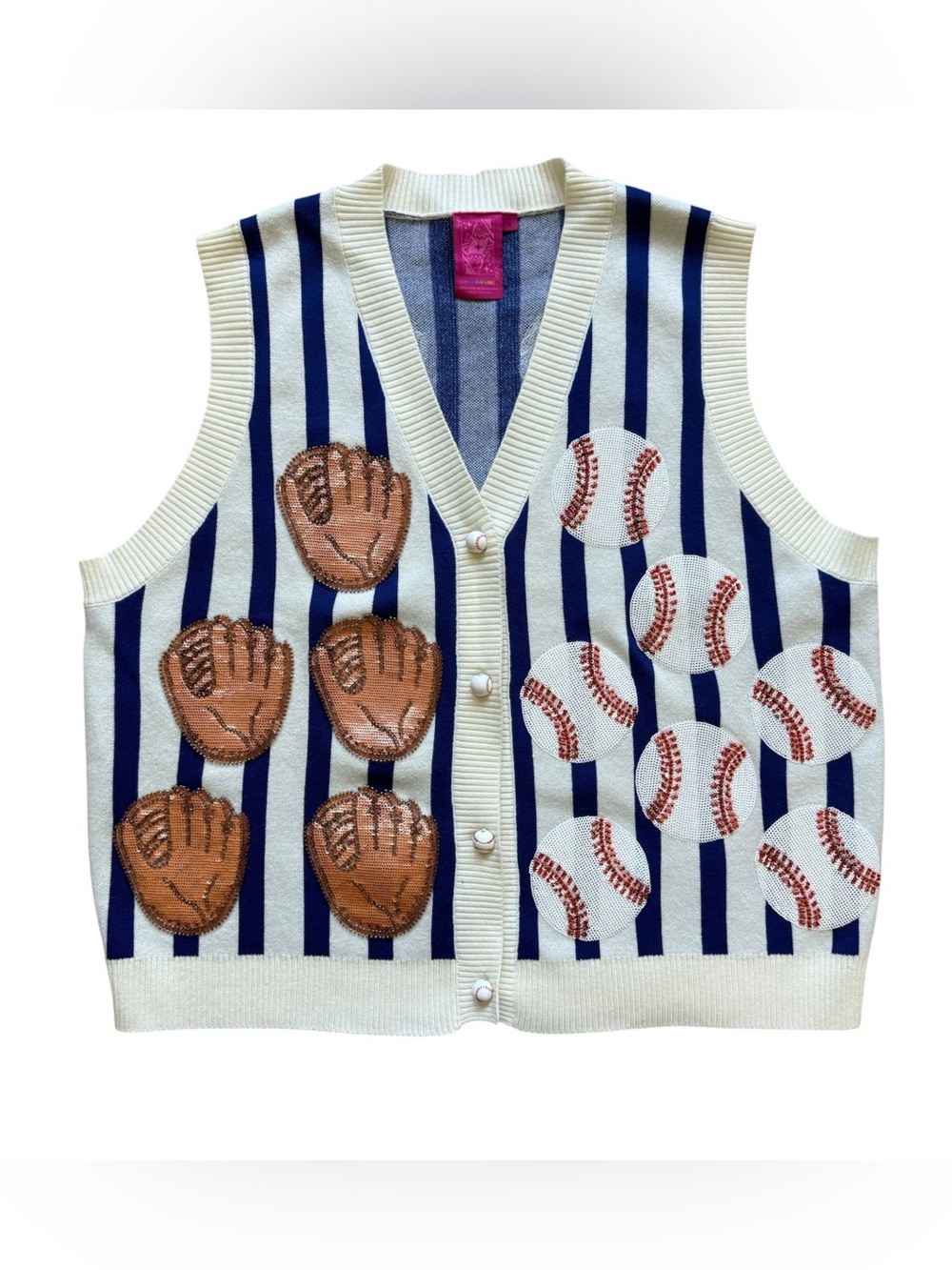 Queen of Sparkles S Baseball Glove Sequin Striped Button Vest Game Day Oversized